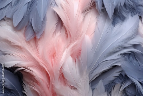  the feathers of a bird are blue, pink, and white with a hint of pink on the center of the feathers and the back of the bird's tail. photo