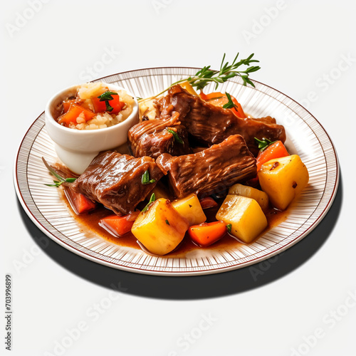 plate of braised beef and vegetables on transparent background created with Generative Ai