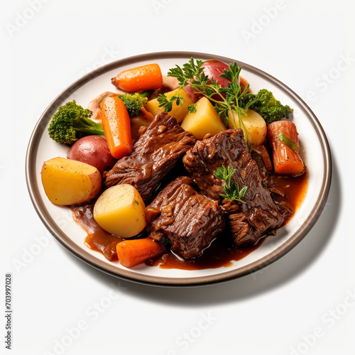 plate of braised beef and vegetables on transparent background created with Generative Ai