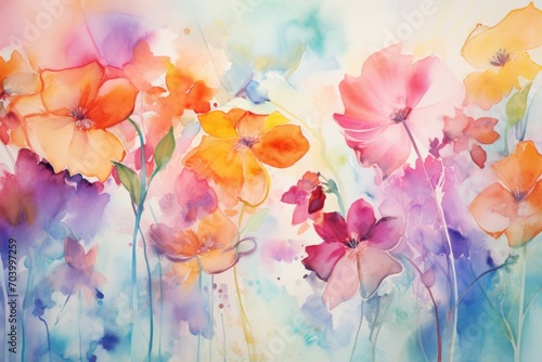  a painting of a bunch of flowers painted in watercolor on a piece of paper with watercolor paper on the bottom of the picture and bottom half of the painting.
