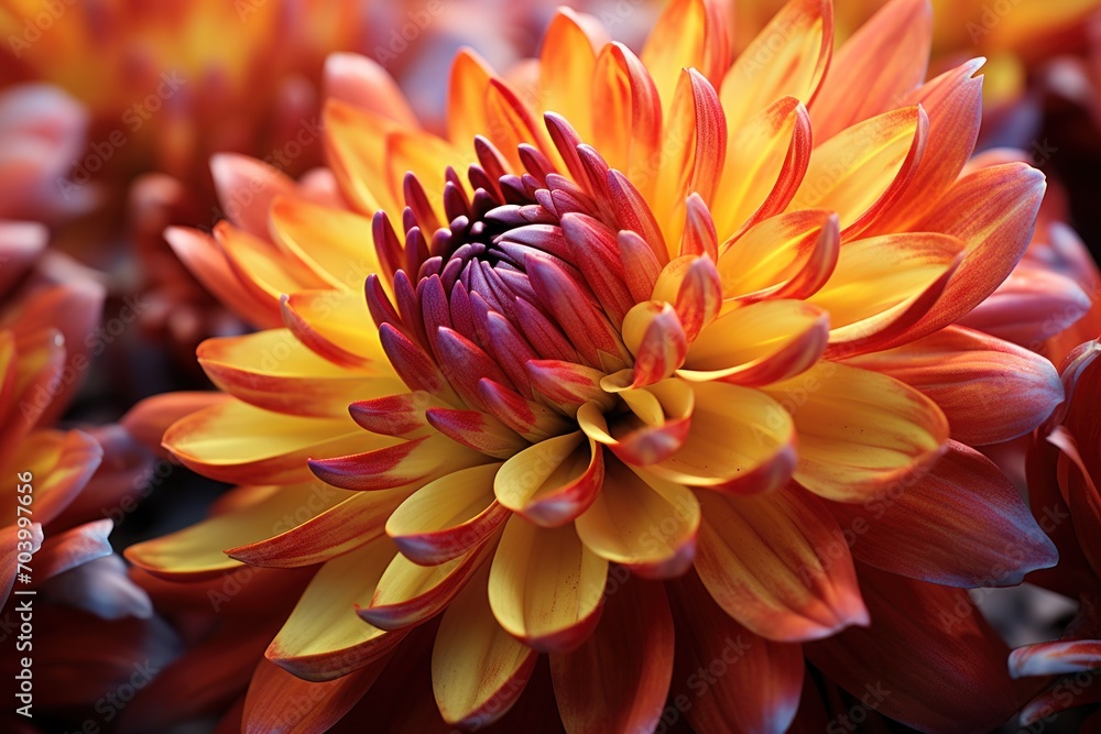 a close up of a red and yellow flower with other flowers in the back ground and a blurry image of the top part of the flower in the background. a close up of a red and yellow flower with other flowers in the back ground and a blurry image of the top part of the flower in the background.