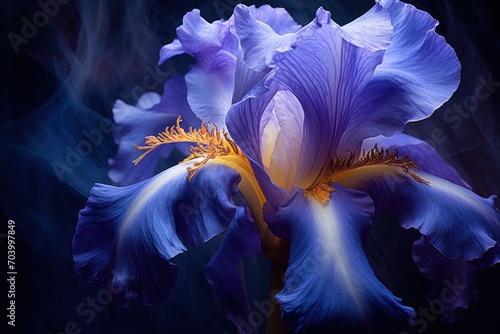  a close up of a blue flower on a black background with smoke coming out of the center of the flower and the center of the flower in the middle of the petals.