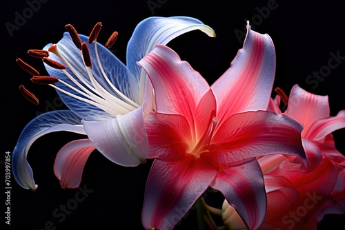 a red, white and blue flower in a vase on a black background with a red and white flower sticking out of it's center, and a red and white flower in the middle of it's center.