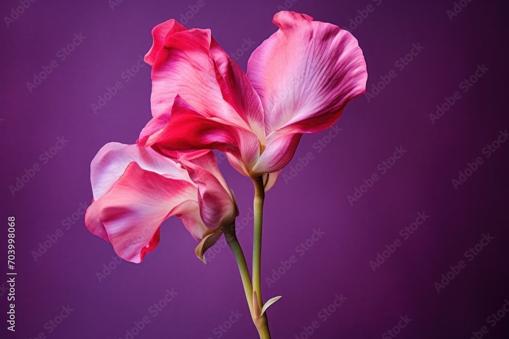 a couple of pink flowers sitting on top of a purple table next to a blue vase with a pink flower on top of a purple table next to a purple background. a couple of pink flowers sitting on top of a purple table next to a blue vase with a pink flower on top of a purple table next to a purple background.