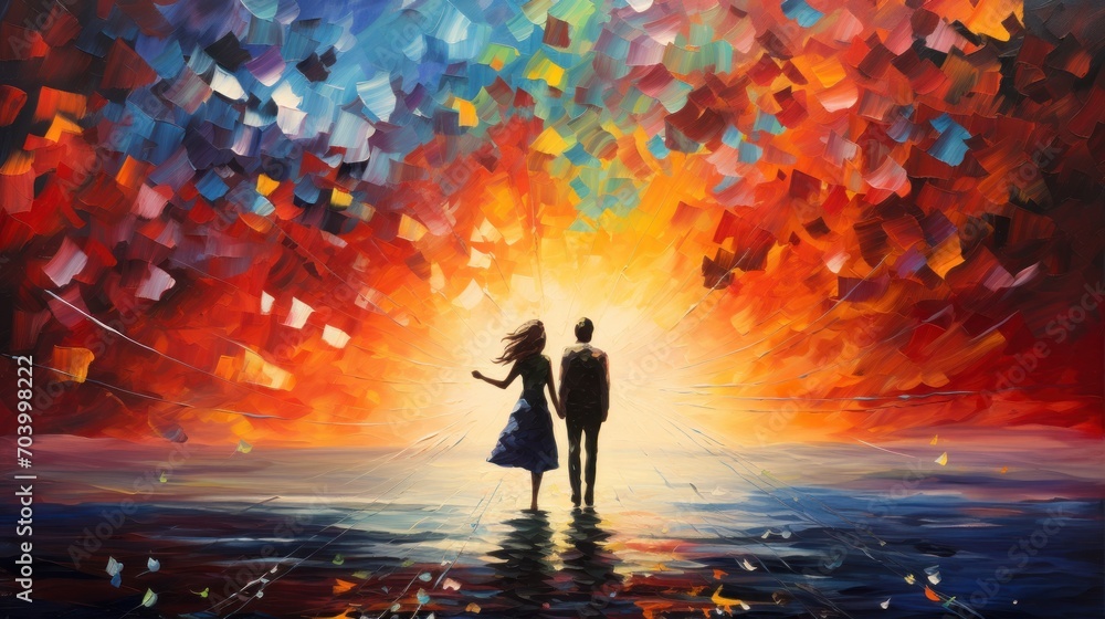  a painting of a man and a woman holding hands as they walk through a colorful, abstract painting of a sunset and a man holding a woman's hand.