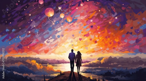  a painting of two people standing on top of a hill looking at the sky with balloons floating in the air over a body of water at night sky with stars.