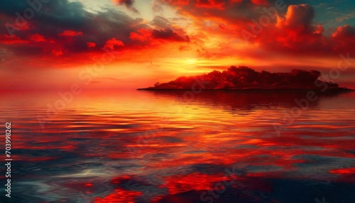 the surface and the island of red water scenery sky with clouds bloody sunset background with copy space for design war apocalypse armageddon nightmare halloween evil horror concept © Wendy