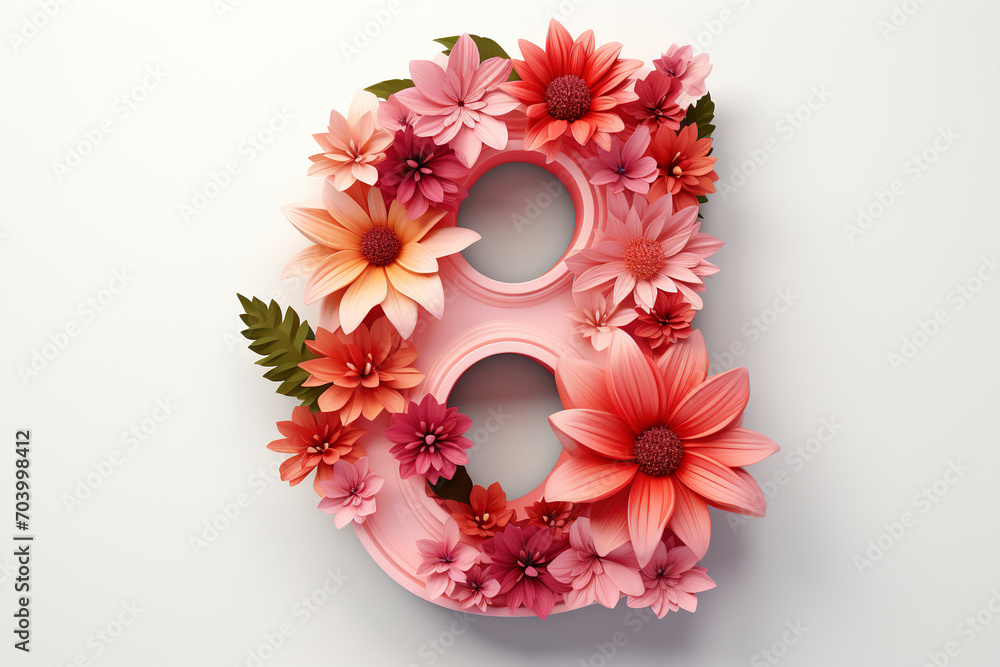 8 march women's day. Number eight from flowers, applique women's day on light background. Happy women's day greeting card. International woman's day card with floral design.