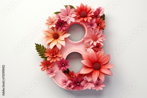 Obraz na płótnie 8 march women's day. Number eight from flowers, applique women's day on light background. Happy women's day greeting card. International woman's day card with floral design. w salonie