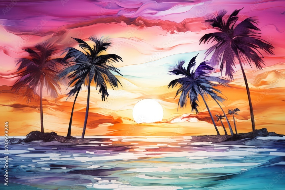  a painting of a sunset with palm trees in the foreground and a body of water in the foreground with a rocky outcrop in the foreground.