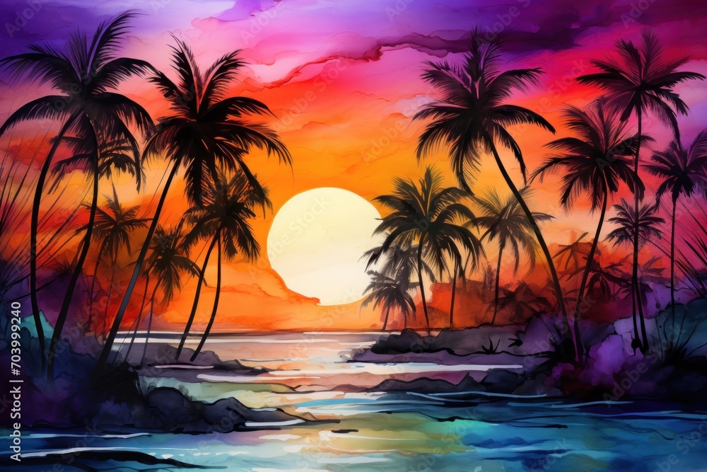  a painting of a sunset with palm trees in the foreground and a body of water in the foreground, with a bright orange and purple sky in the background.