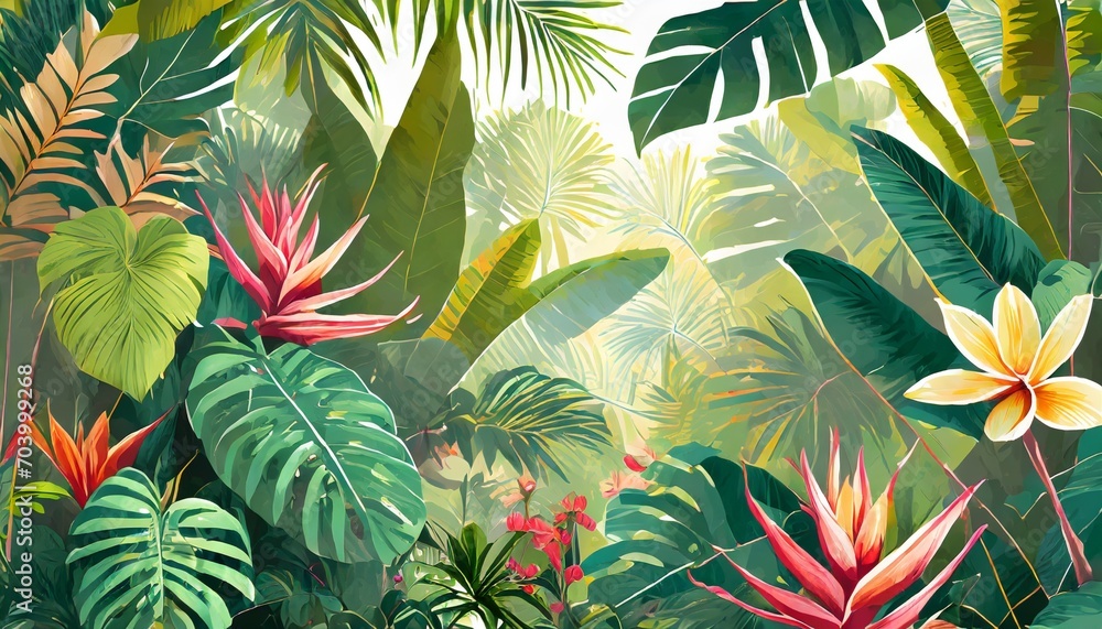 tropical nature landscape jungle with exotic tropical plants flowers and leaves drawn jungle illustration design for card postcard wallpaper fresco mural textile
