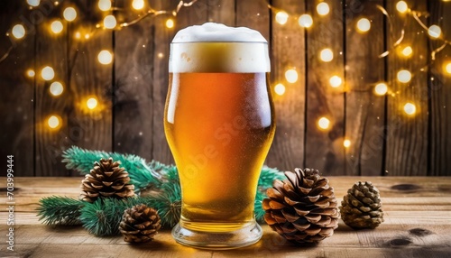 christmas cheer in a glass frothy beer with pine cones and lights on wood background