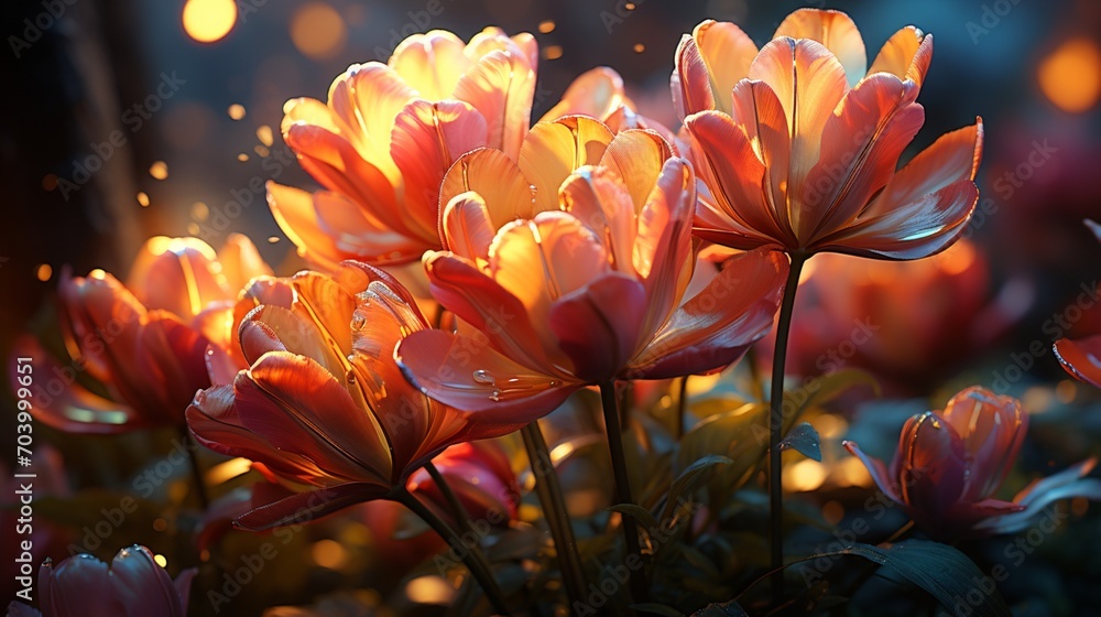 Tulip pink flower sunset or sunrise sky yellow light on golden hours