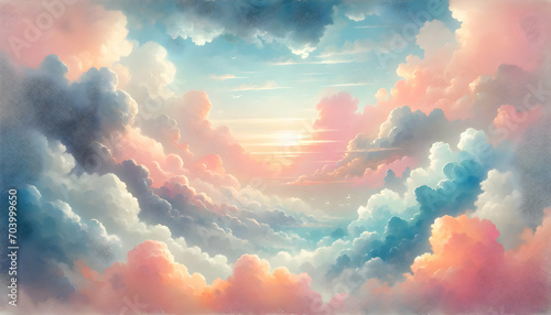 A background featuring abstract clouds in the sky with either a sun or sunset landscape, created using a watercolor technique to achieve a soft, light background. photo