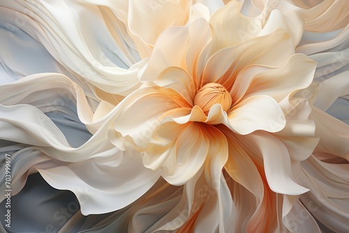  a painting of a white and orange flower on a blue and gray background with a white and orange flower in the middle of the image and a white and orange flower in the middle of the middle of the.