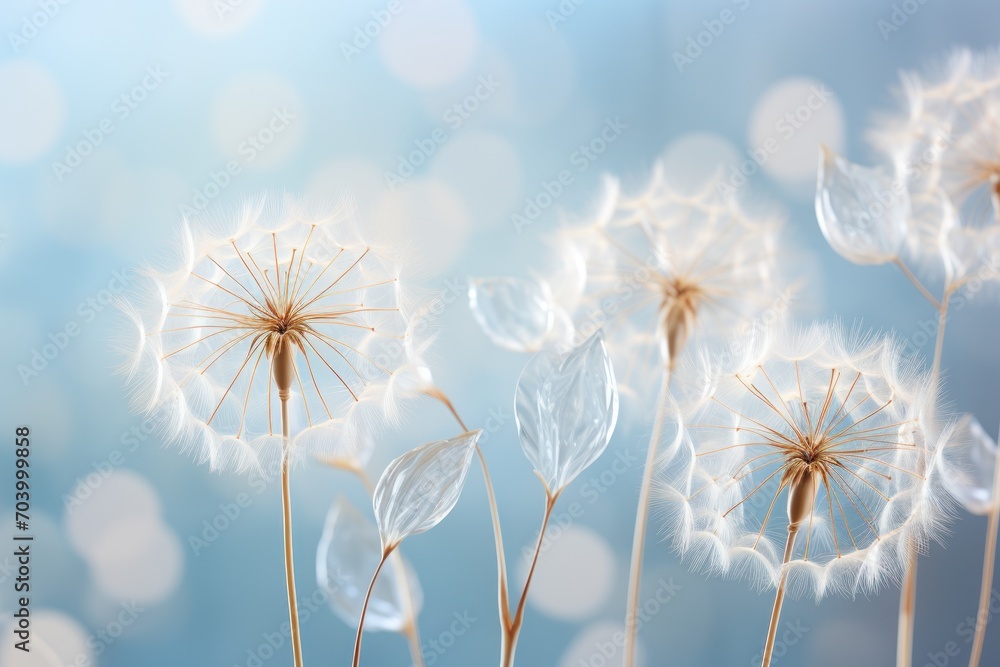  a close up of a bunch of dandelions on a blue and white background with a blurry boke of the dandelions in the foreground.