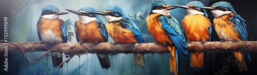 Five Vivid Kingfishers Perched on a Branch photo