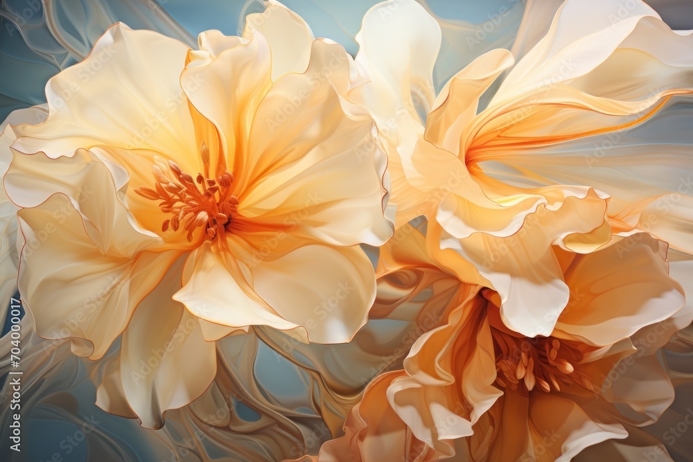  a close up of two yellow flowers on a blue and white background with a blurry image of two large flowers in the middle of the image and the middle of the image.