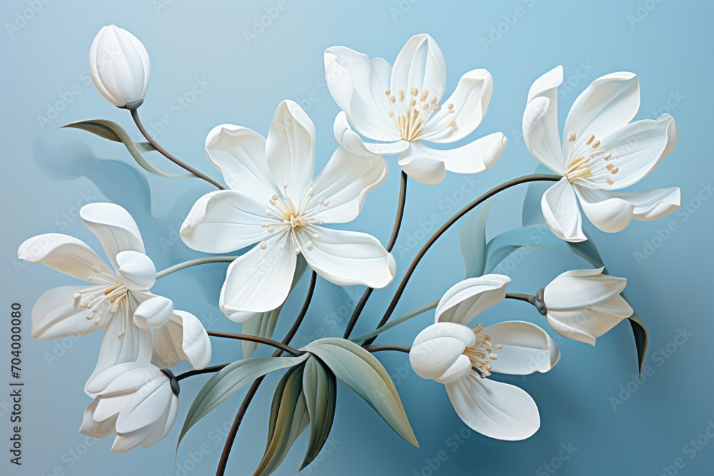  a bouquet of white flowers with green leaves on a blue background with a shadow of the flowers on the left side of the picture and the center of the image.