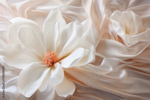  a large white flower sitting on top of a pile of white sheets of a sheet of white satin on top of a bed sheet of white sheets with a flower in the center of the middle. © Shanti