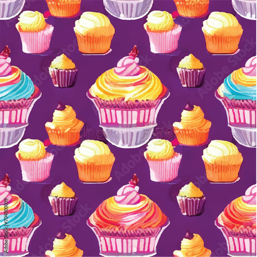 Seamless pattern with doodle-style cupcakes. Different cupcakes with different fillings and toppings. Colorful vector illustration on pink background.