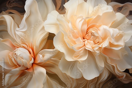  a close up of two large flowers on a black and brown background with a white center and a light orange center in the middle of the flower, and a smaller flower in the middle of the middle. © Shanti