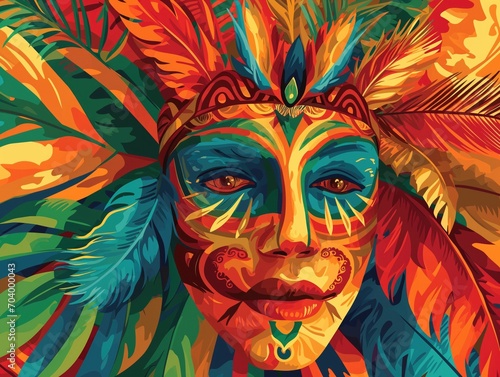 Ilustração colorida de carnaval com homenagem aos índios do Brasil