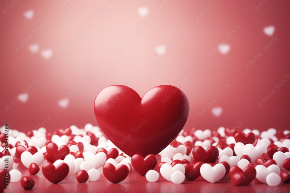  a heart surrounded by small white and red hearts on a red background with a red wall in the background and a red wall in the middle with white hearts in the middle.