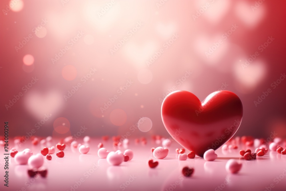  a red heart sitting on top of a table surrounded by small red and white hearts on a pink surface with a boke of light shining in the back ground.