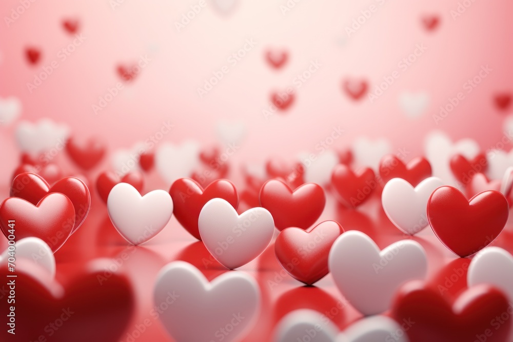 a large group of red and white hearts on a red and white background with a white heart in the middle of the image and a pink wall in the background.