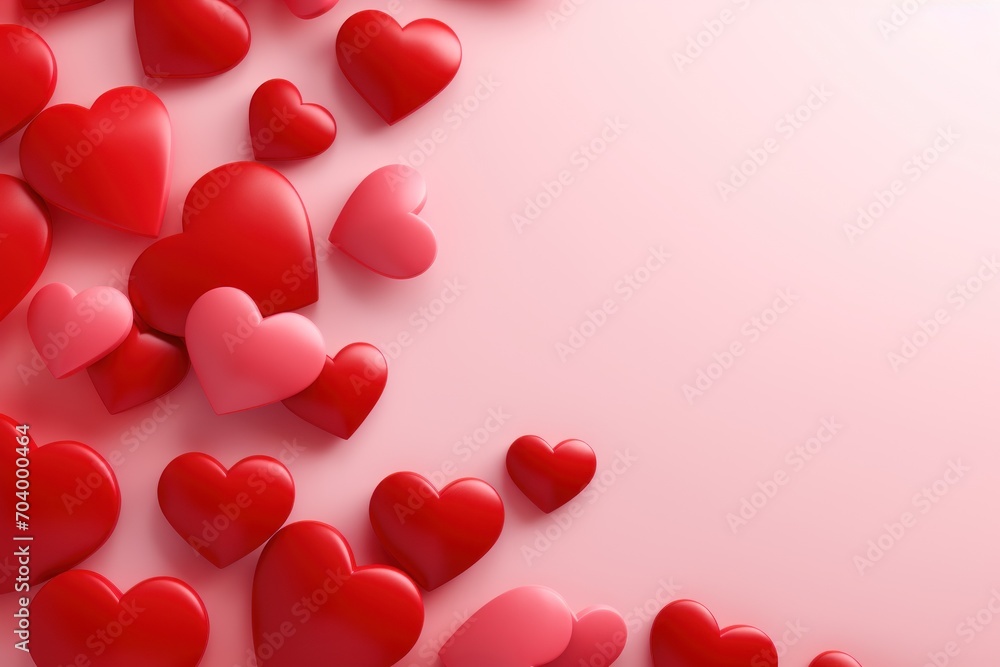 a lot of red hearts floating in the air on a pink background with a place for a text or an image to put on a greeting card or for valentine's day.