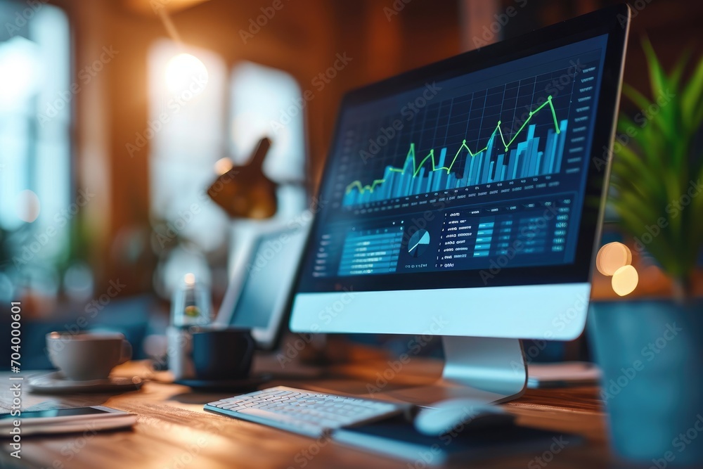 Stock market financial chart on laptop screen. Business report and economic growth. Stock market financial chart on laptop screen. Business report and economic growth.