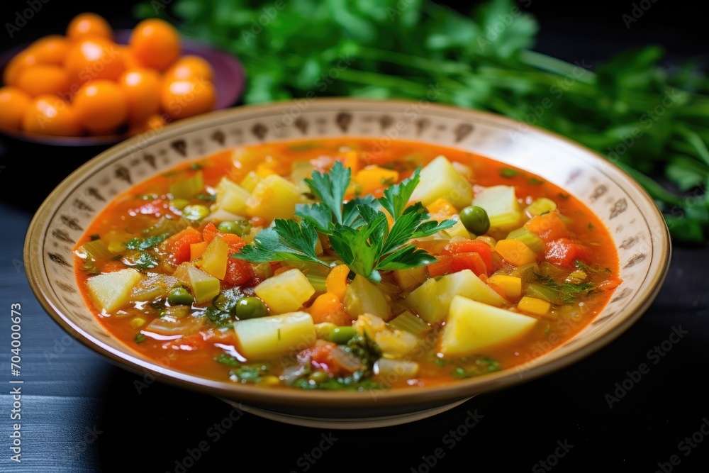 Homemade vegetable soup on plate Homemade vegetable soup on plate