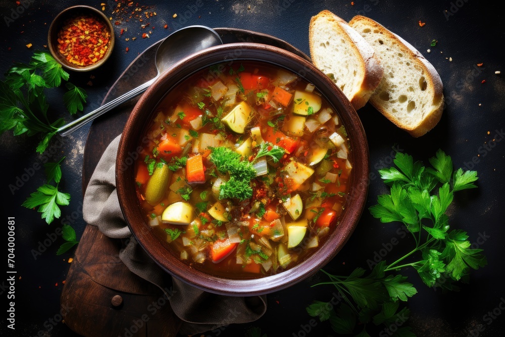 Homemade vegetable soup in a bowl with bread