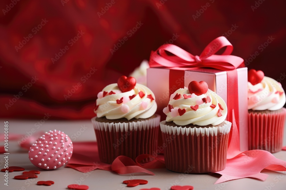 A group of cupcakes with red frosting and hearts