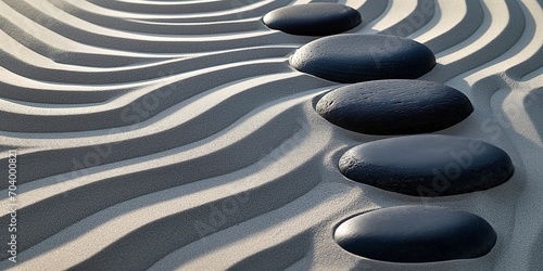 Grey  Black smooth stones laid on the sand with a pattern of waves. Zen. Meditation. Concept balance  peace  calm  harmony. Minimalism. Relax. Natural background. Copy space. Ai art