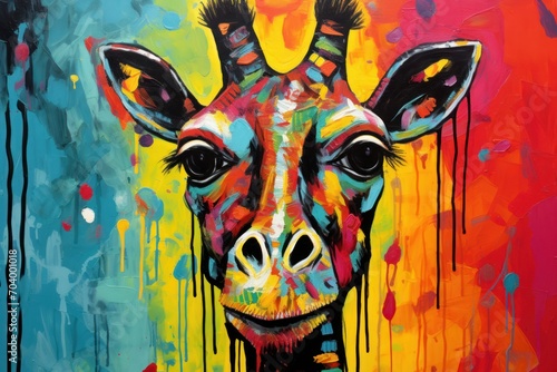  a painting of a giraffe's face with colorful paint splattered on it's face and neck, with a blue, red, yellow, green, orange, yellow, red, and pink, and blue background.