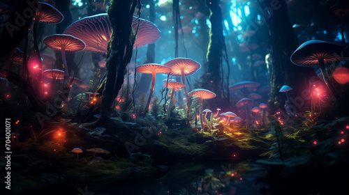 Mystical forest at dawn with colorfull mushrooms 