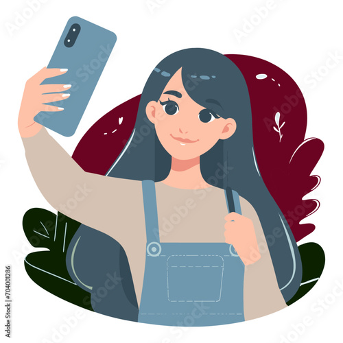 A Girl Take a Selfie vector art illustration, a woman taking selfie vector
