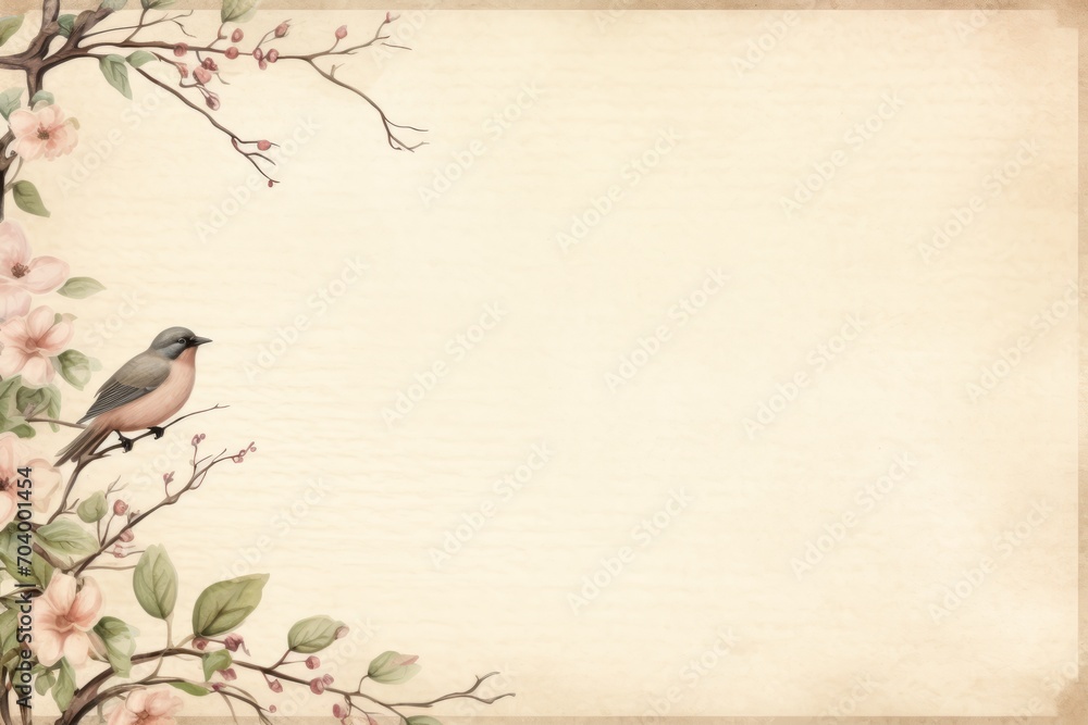 Blank horizontal sheet size template with a beautiful bird on a branc with flowers. Pink background
