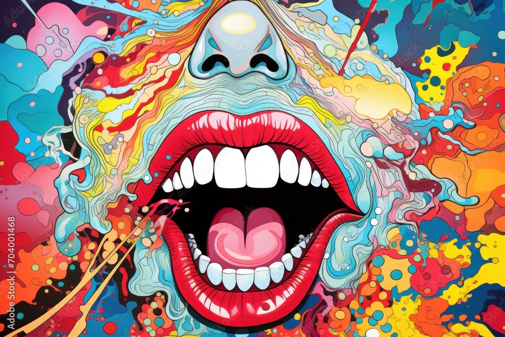 a painting of a woman's mouth with paint splatters all over it and the mouth is open and tongue is sticking out of it's tongue. a painting of a woman's mouth with paint splatters all over it and the mouth is open and tongue is sticking out of it's tongue.