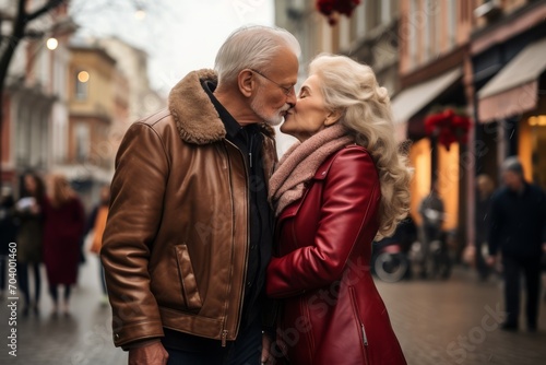Modern older couple kissing in the street. Romantic, timeless concept