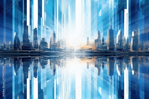  a digital painting of a cityscape with skyscrapers and a lake in the foreground with a reflection of the city in the water in the foreground.