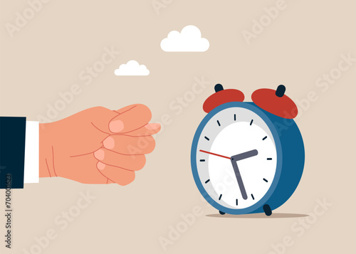 Hand showing fig sign to an alarm clock. A gesture of negative decision, disapproval. Flat vector illustration
