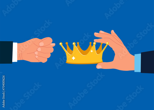 Fig, kukish - a finger gesture and a golden crown. Unwillingness to give up power.  Flat vector illustration