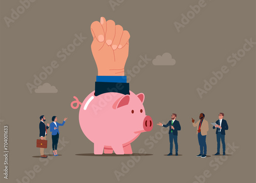 The thumb is clamped between the middle and index finger from a crack in a giant pink piggy bank. Loss of funds. Personal bankruptcy. Not enough money. Flat vector illustration