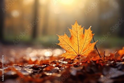  a maple leaf laying on the ground in a forest with the sun shining through the trees and leaves on the ground  with the leaves on the ground in the foreground.
