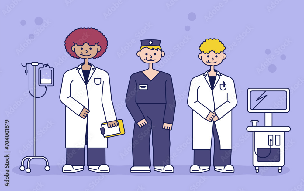 Vector illustration of three characters in flat style. Image of a team of medical professionals and supplies on a purple background. Medical illustration. Vector illustration of three characters in flat style. Image of a team of medical professionals and supplies on a purple background. Medical illustration.