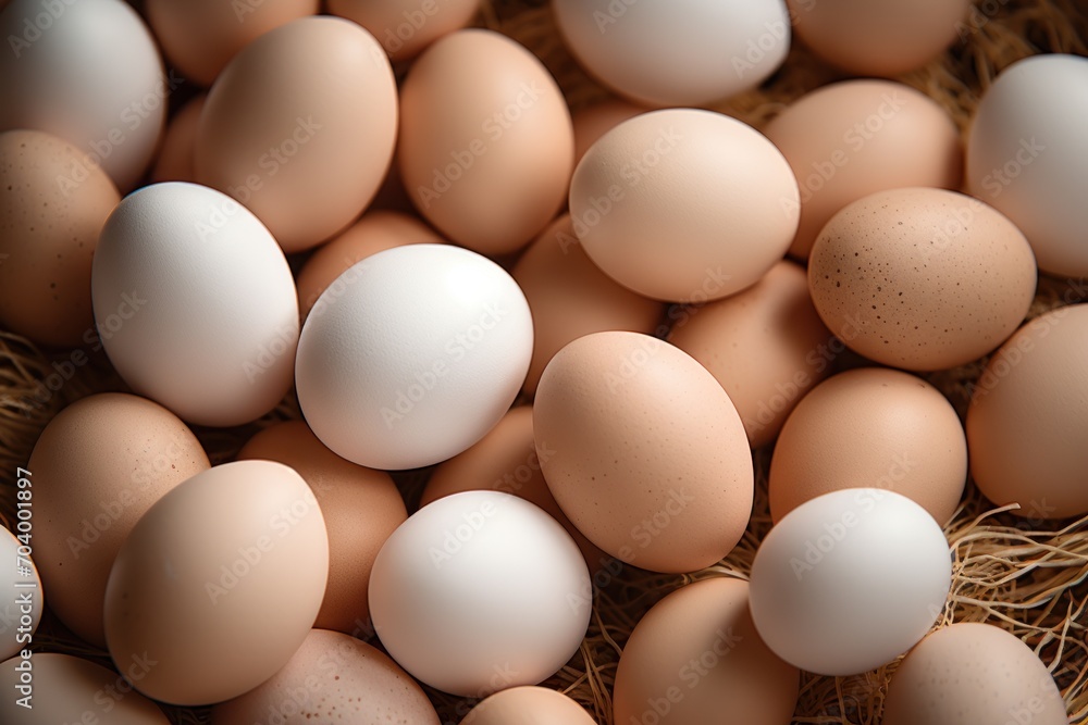 a pile of brown and white eggs sitting on top of a pile of brown and white eggs on top of a pile of brown and white eggs on top of straw. a pile of brown and white eggs sitting on top of a pile of brown and white eggs on top of a pile of brown and white eggs on top of straw.